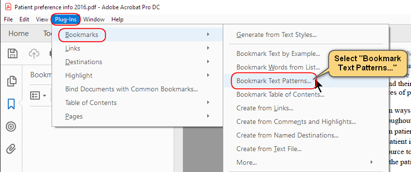 Open the Bookmark Text Patterns dialog